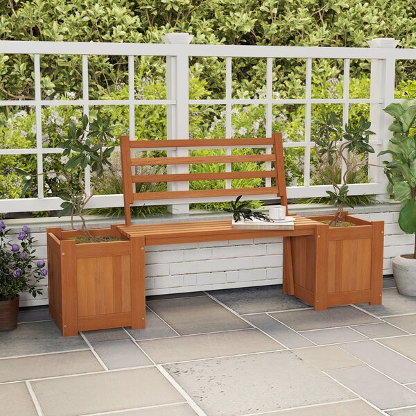 Costway Fioriera da esterno in legno con panca schienale e base aperta finiture olio di teak, Sedile da giardino con 2 fioriere per cortile e balcone