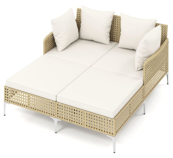 Costway Lettino doppio da esterno in rattan con cuscini per seduta e schienale, Chaise lounge in vimini per 2 persone con supporto in metallo