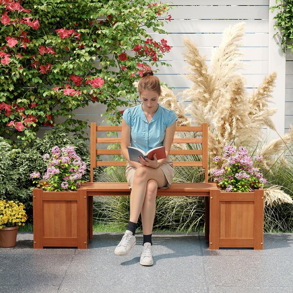 Costway Fioriera da esterno in legno con panca schienale e base aperta finiture olio di teak, Sedile da giardino con 2 fioriere per cortile e balcone