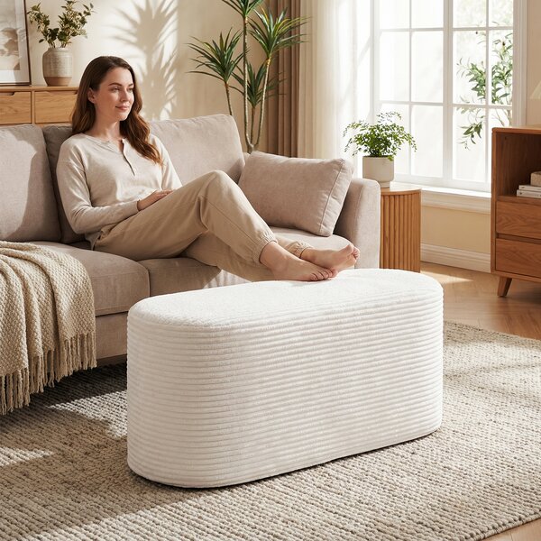 Costway Panca pouf imbottita moderna in tessuto vellutato con spugna ad alta densità, Pouf ovale per ingresso soggiorno camera corridoio 120 cm Beige