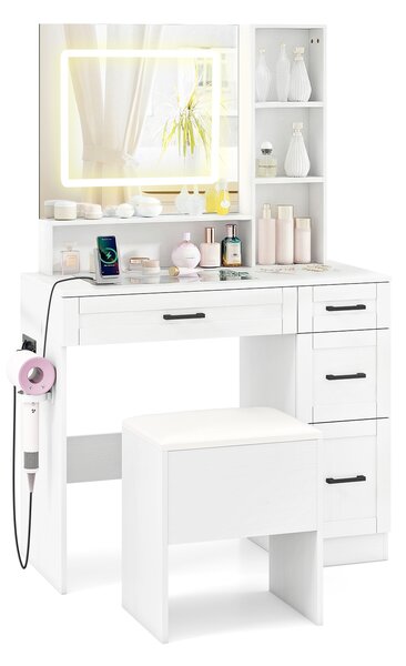 Costway Toeletta con specchio luci prese porta asciugacapelli 4 cassetti e 3 ripiani, Tavolo trucco con sgabello piano in vetro 3 colori regolabili Bianco