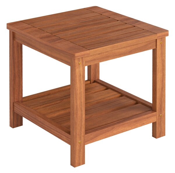Costway Tavolino laterale da esterno a 2 livelli in legno massello con ripiano portaoggetti, Tavolo quadrato rustico per patio giardino veranda e soggiorno