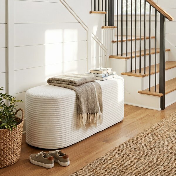 Costway Panca pouf imbottita moderna in tessuto vellutato con spugna ad alta densità, Pouf ovale per ingresso soggiorno camera corridoio 120 cm Beige