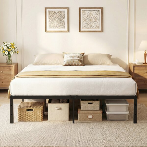 Costway Struttura letto king size in metallo con doghe resistenti e spazio sottostante senza rete necessaria, Letto a piattaforma per materasso 160x200 cm Nero
