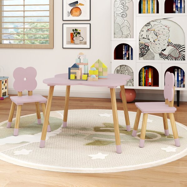 Costway Set tavolo bambini forma fiore tavolo gioco legno 2 sedie gambe pino solido, Tavolo multifunzionale 3+ anni arte studio Rosa