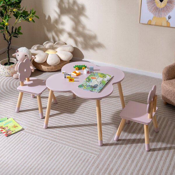 Costway Set tavolo bambini forma fiore tavolo gioco legno 2 sedie gambe pino solido, Tavolo multifunzionale 3+ anni arte studio Rosa