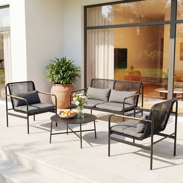 Costway Set mobili da patio 4 pezzi in vimini con cuscini, Divano 2 posti e 2 poltrone con tavolino per giardino balcone