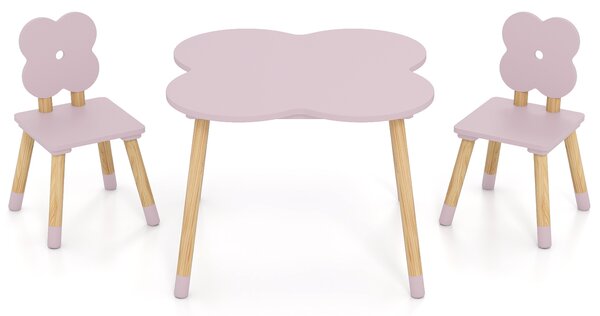 Costway Set tavolo bambini forma fiore tavolo gioco legno 2 sedie gambe pino solido, Tavolo multifunzionale 3+ anni arte studio Rosa
