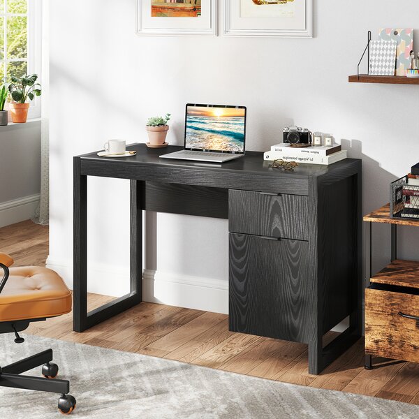 Costway Scrivania moderna per computer con armadietto e cassetto per casa e ufficio, Postazione di lavoro elegante Nero
