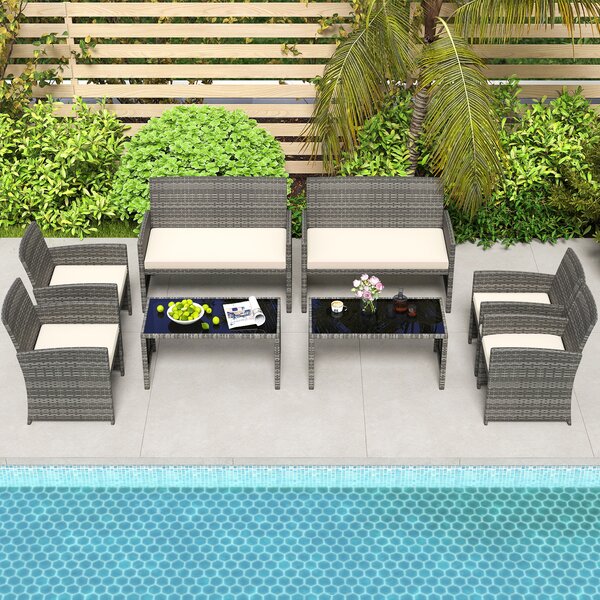 Costway Set conversazione patio 4 pezzi in vimini con cuscini e vetro temperato, Mobili da esterno per giardino veranda balcone Bianco