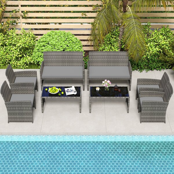 Costway Set conversazione patio 4 pezzi in vimini con cuscini e vetro temperato, Mobili da esterno per giardino veranda balcone Grigio