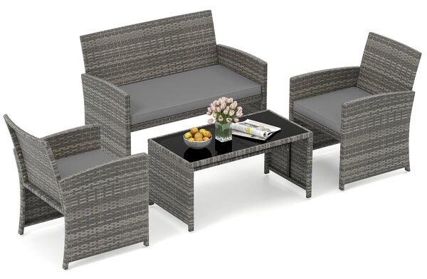 Costway Set conversazione patio 4 pezzi in vimini con cuscini e vetro temperato, Mobili da esterno per giardino veranda balcone Grigio