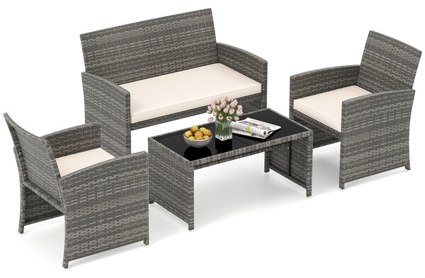 Costway Set conversazione patio 4 pezzi in vimini con cuscini e vetro temperato, Mobili da esterno per giardino veranda balcone Bianco