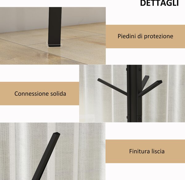 HOMCOM Attaccapanni da Terra in Metallo 180cm, 9 Ganci, 1 Ripiano, Base Triangolare, Ideale per Soggiorno, Camera da Letto, Ingresso, Nero | Aosom