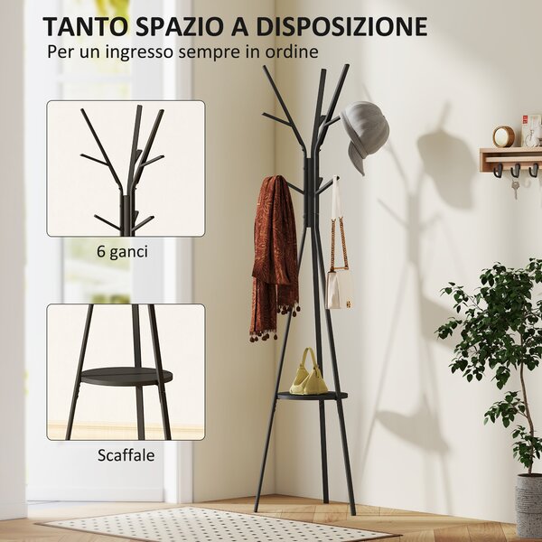 HOMCOM Attaccapanni da Terra in Metallo 180cm, 9 Ganci, 1 Ripiano, Base Triangolare, Ideale per Soggiorno, Camera da Letto, Ingresso, Nero | Aosom