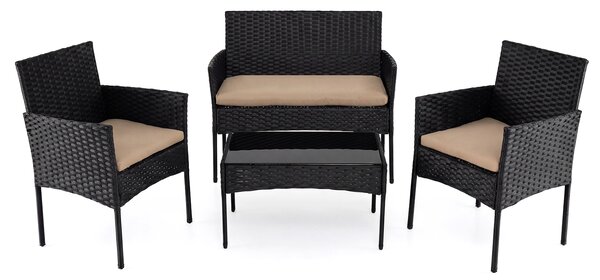 Costway Salotto da giardino in rattan 4 pz con divano poltrone e tavolino vetro, Set esterno con cuscini per balcone terrazzo e patio Tortora
