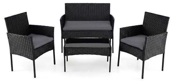 Costway Salotto da giardino in rattan 4 pz con divano poltrone e tavolino vetro, Set esterno con cuscini per balcone terrazzo e patio Grigio