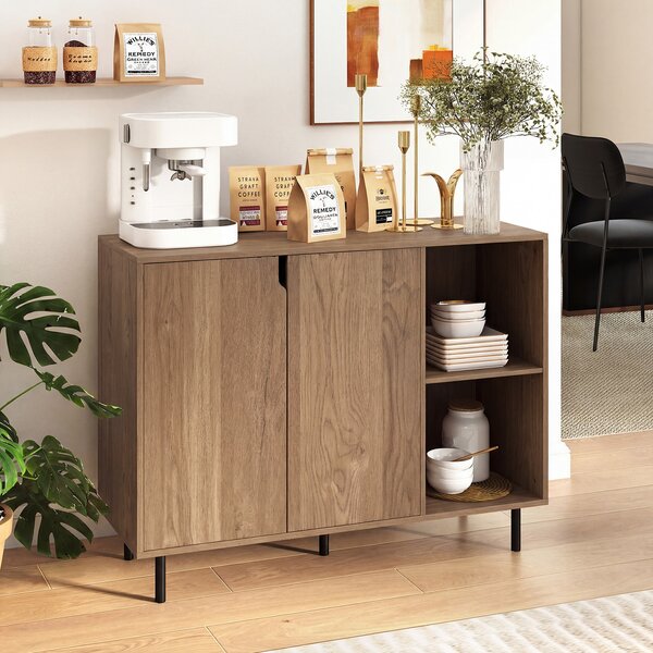 Costway Buffet cucina credenza moderna legno 2 ante 2 scomparti aperti, Buffet consolle sala pranzo ripiani regolabili gambe metallo 106x38x80cm Naturale