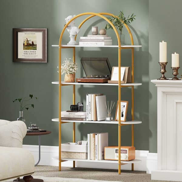 Costway Libreria forma arco 4 ripiani industriale aperta struttura metallica robusta, Organizzatore espositivo autoportante soggiorno ufficio camera letto Bianco