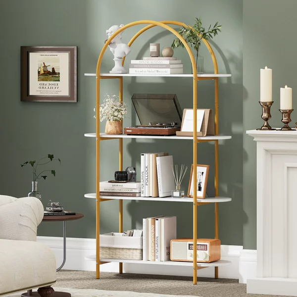Costway Libreria forma arco 4 ripiani industriale aperta struttura metallica robusta, Organizzatore espositivo autoportante soggiorno ufficio camera letto Bianco
