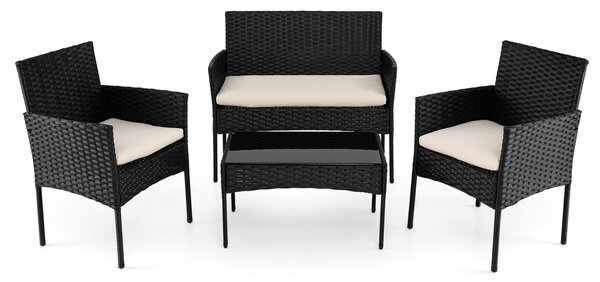 Costway Salotto da giardino in rattan 4 pz con divano poltrone e tavolino vetro, Set esterno con cuscini per balcone terrazzo e patio Beige