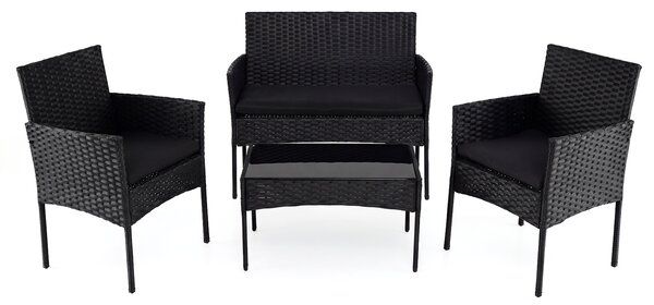 Costway Salotto da giardino in rattan 4 pz con divano poltrone e tavolino vetro, Set esterno con cuscini per balcone terrazzo e patio Nero