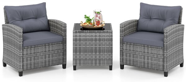 Costway Set mobili da esterno 3 pezzi con vetro temperato morbidi cuscini, Set sedie e tavolo in rattan per balcone veranda e giardino Grigio
