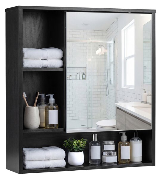 Costway Armadietto per bagno con specchio e porta singola, Mobiletto a parete 3 ripiani per lavanderia e ingresso Nero