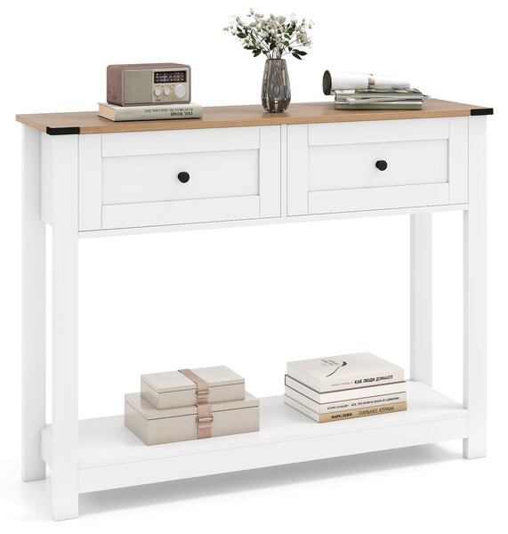 Costway Tavolo consolle con 2 cassetti e ripiano aperto, Tavolino da divano in stile rustico per corridoio entrata e soggiorno Bianco
