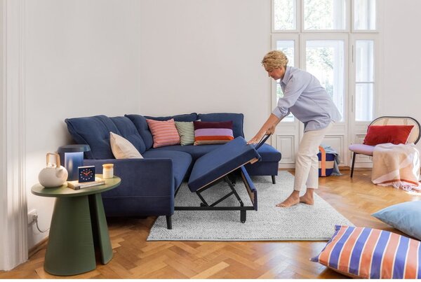 Divano letto a U in velluto turchese, angolo destro Stylish Stan - Miuform
