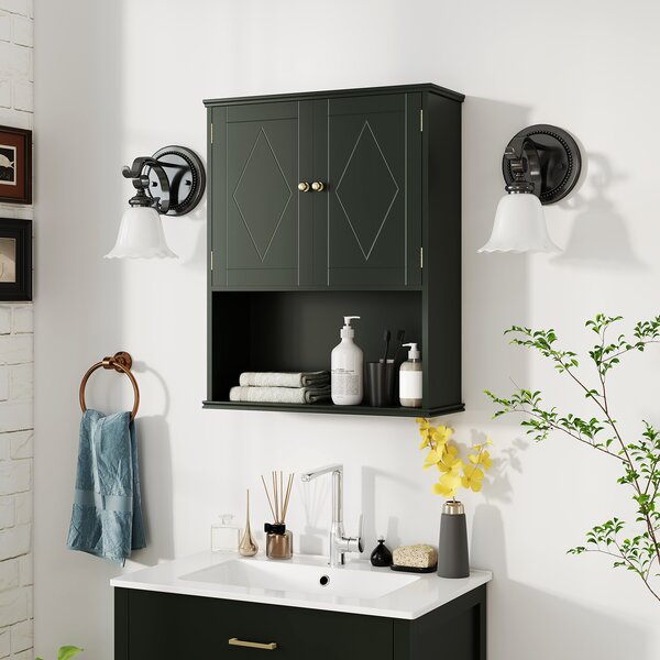 Costway Armadietto muro bagno medico 2 ante ripiano aperto regolabile, Armadietto organizer salvaspazio sopra water lavanderia cucina Verde