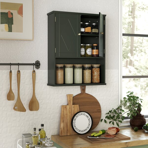 Costway Armadietto muro bagno medico 2 ante ripiano aperto regolabile, Armadietto organizer salvaspazio sopra water lavanderia cucina Verde