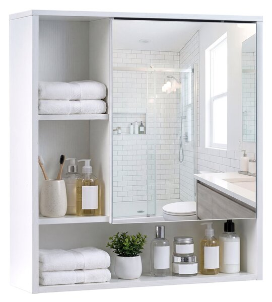 Costway Armadietto per bagno con specchio e porta singola, Mobiletto a parete 3 ripiani per lavanderia e ingresso Bianco