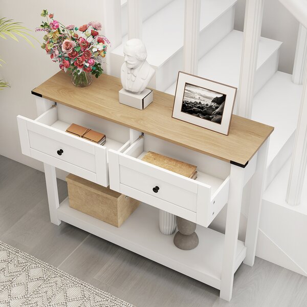 Costway Tavolo consolle con 2 cassetti e ripiano aperto, Tavolino da divano in stile rustico per corridoio entrata e soggiorno Bianco
