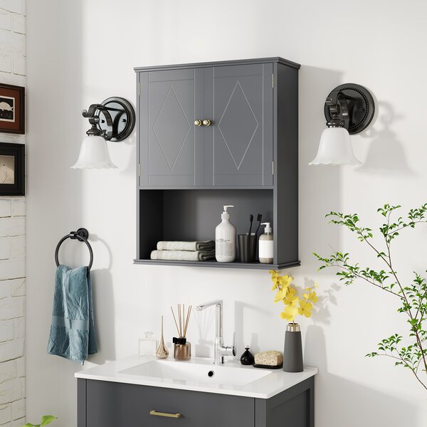 Costway Armadietto muro bagno medico 2 ante ripiano aperto regolabile, Armadietto organizer salvaspazio sopra water lavanderia cucina Grigio