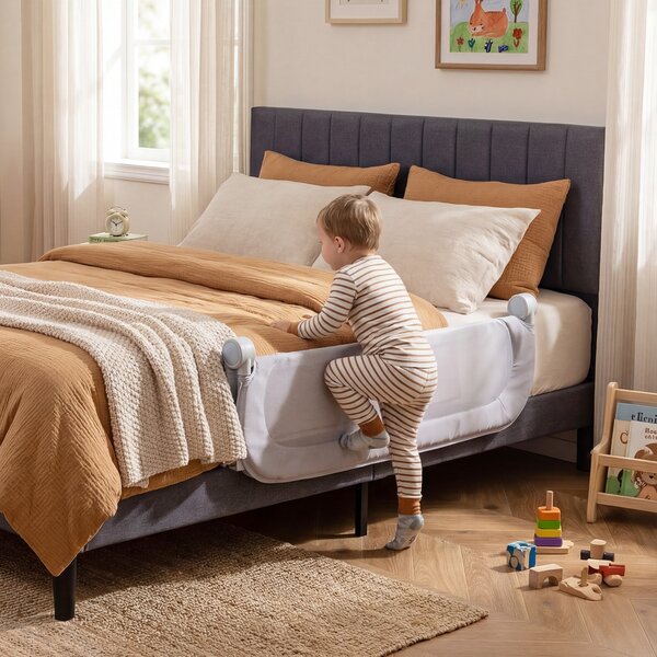 Costway Sbarra letto pieghevole per bambini con base robusta a U, Sbarra protettiva regolabile con accessori completi 120 cm Grigio