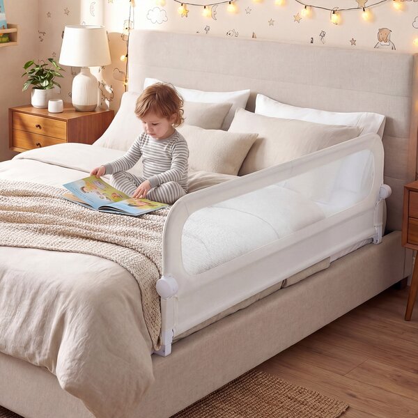 Costway Sbarra letto pieghevole per bambini con base robusta a U, Sbarra protettiva regolabile 178 cm con accessori completi Bianco