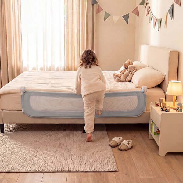 Costway Sbarra letto pieghevole per bambini con base robusta a U, Sbarra protettiva regolabile 148 cm con accessori completi Grigio