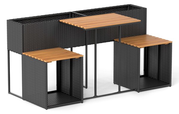 Costway Set di mobili da patio con letto da giardino rialzato in legno di acacia, Tavolo e sedie in rattan PE con spazio di stoccaggio per veranda