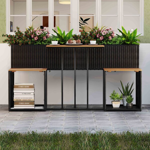 Costway Set di mobili da patio con letto da giardino rialzato in legno di acacia, Tavolo e sedie in rattan PE con spazio di stoccaggio per veranda