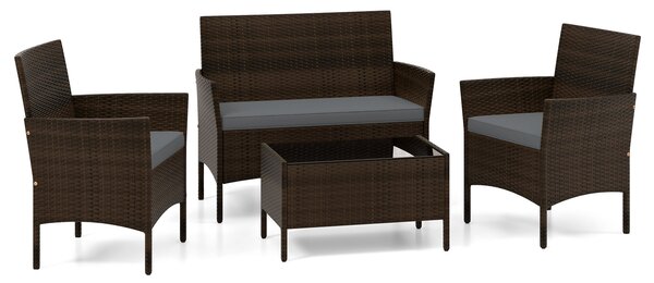 Costway Set da conversazione in rattan per patio 4 pezzi con cuscini morbidi, Mobili da esterno modulari per giardino e veranda Grigio