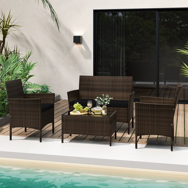 Costway Set da conversazione in rattan per patio 4 pezzi con cuscini morbidi, Mobili da esterno modulari per giardino e veranda Nero