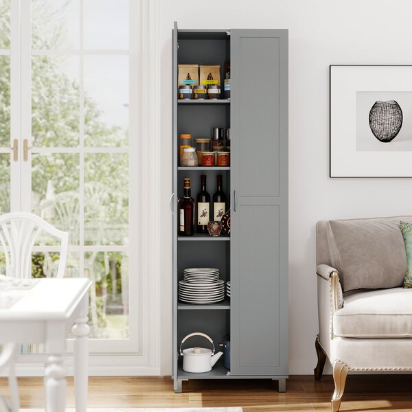 Costway Armadio alto a doppia anta con ripiani regolabili e design antiribaltamento, Dispensa indipendente per cucina soggiorno e camera da letto Grigio