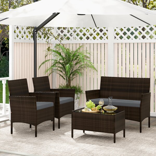 Costway Set da conversazione in rattan per patio 4 pezzi con cuscini morbidi, Mobili da esterno modulari per giardino e veranda Grigio