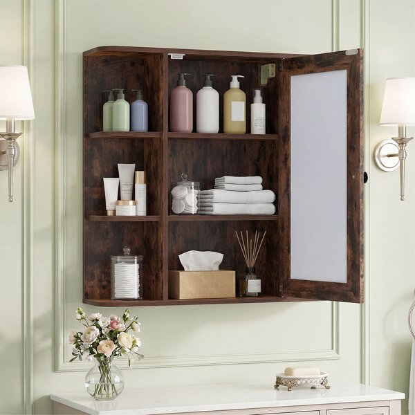 Costway Mobiletto a specchio in legno con anta e 6 scomparti aperti, Armadietto salvaspazio da parete per bagno soggiorno camera 66x16,5x63 cm Marrone