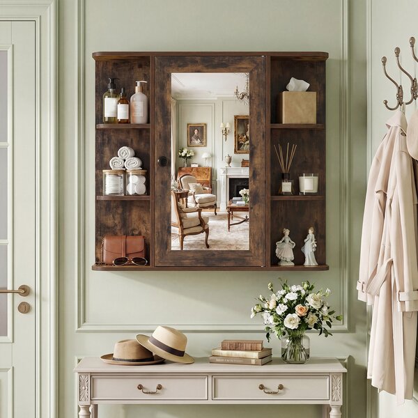 Costway Mobiletto a specchio in legno con anta e 6 scomparti aperti, Armadietto salvaspazio da parete per bagno soggiorno camera 66x16,5x63 cm Marrone
