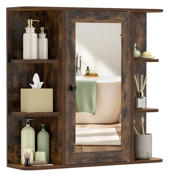 Costway Mobiletto a specchio in legno con anta e 6 scomparti aperti, Armadietto salvaspazio da parete per bagno soggiorno camera 66x16,5x63 cm Marrone
