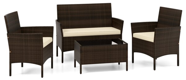 Costway Set da conversazione in rattan per patio 4 pezzi con cuscini morbidi, Mobili da esterno modulari per giardino e veranda Marrone
