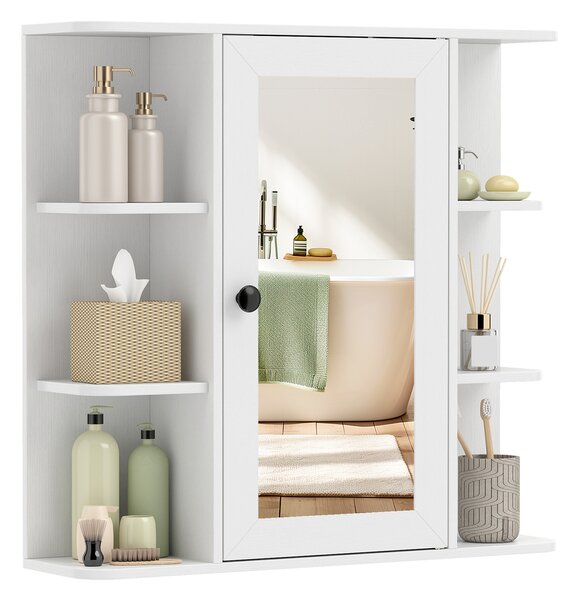 Costway Mobiletto a specchio in legno con anta e 6 scomparti aperti, Armadietto salvaspazio da parete per bagno soggiorno camera 66x16,5x63 cm Bianco