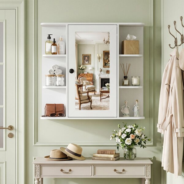 Costway Mobiletto a specchio in legno con anta e 6 scomparti aperti, Armadietto salvaspazio da parete per bagno soggiorno camera 66x16,5x63 cm Bianco